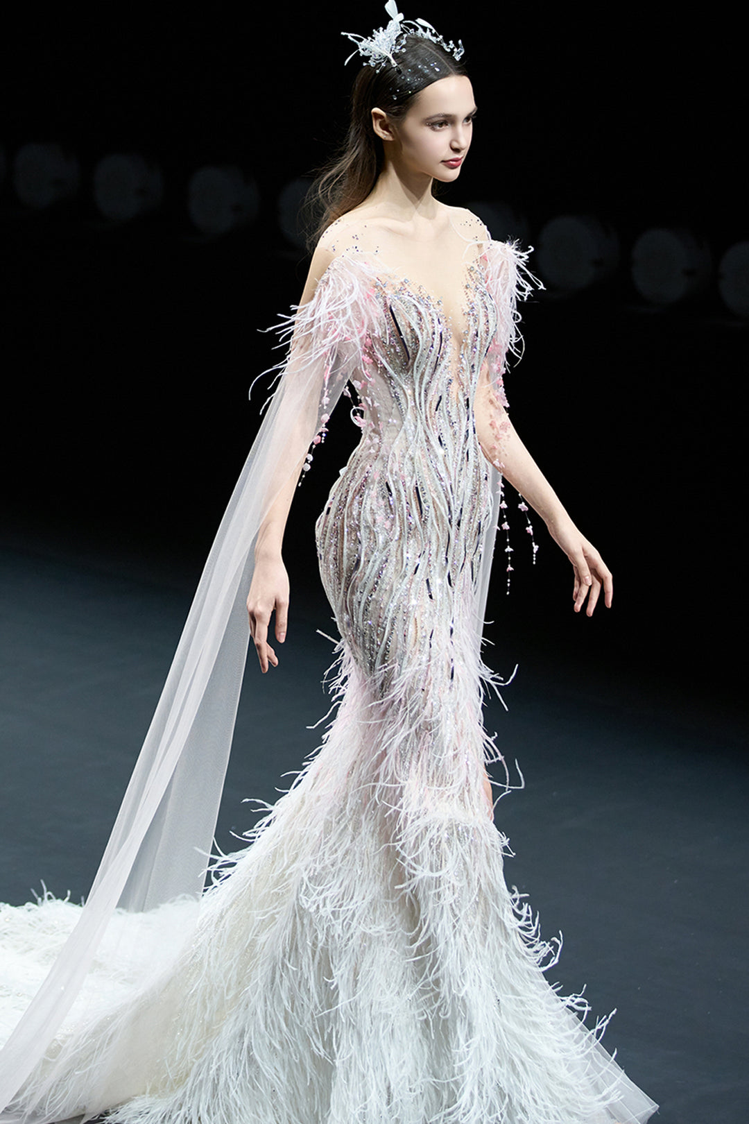 Embellished Illusion Mermaid Dress with Cape Sleeves