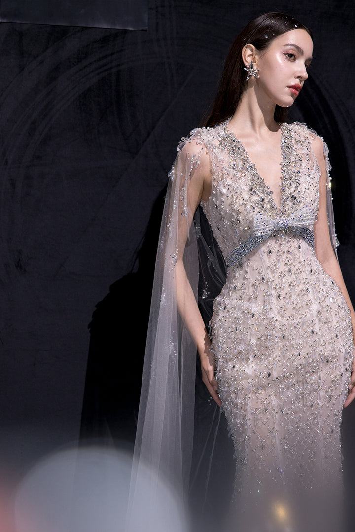 Plunging V-Neck Embellished Mermaid Dress