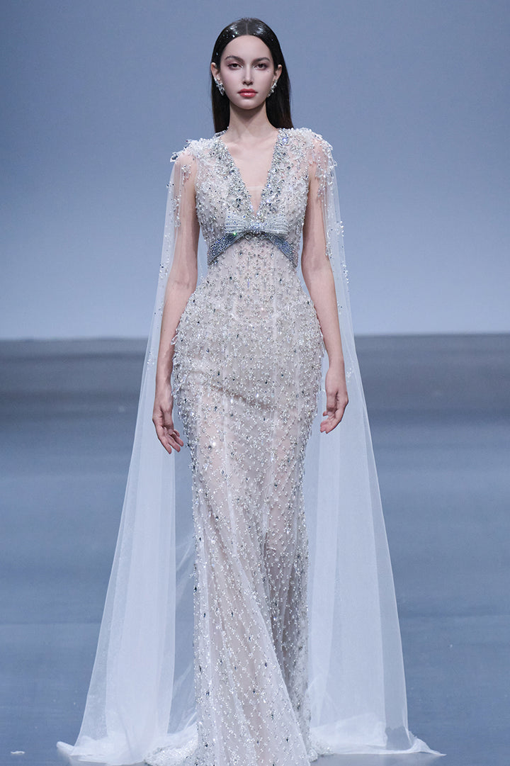 Plunging V-Neck Embellished Mermaid Dress