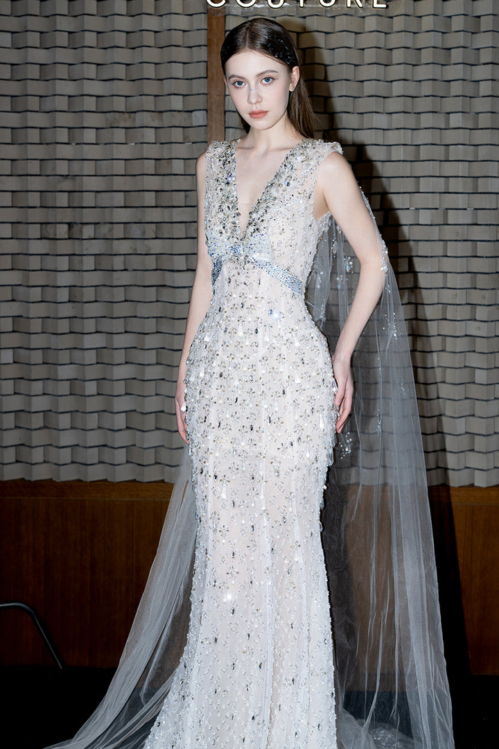 Plunging V-Neck Embellished Mermaid Dress
