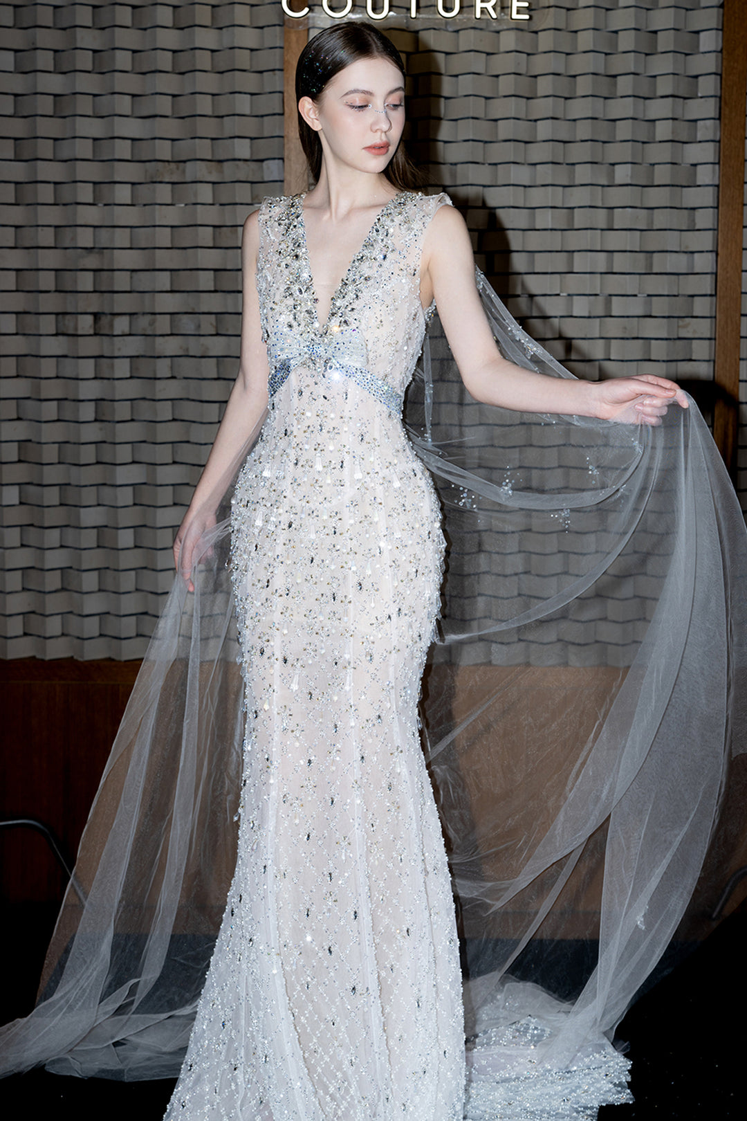 Plunging V-Neck Embellished Mermaid Dress