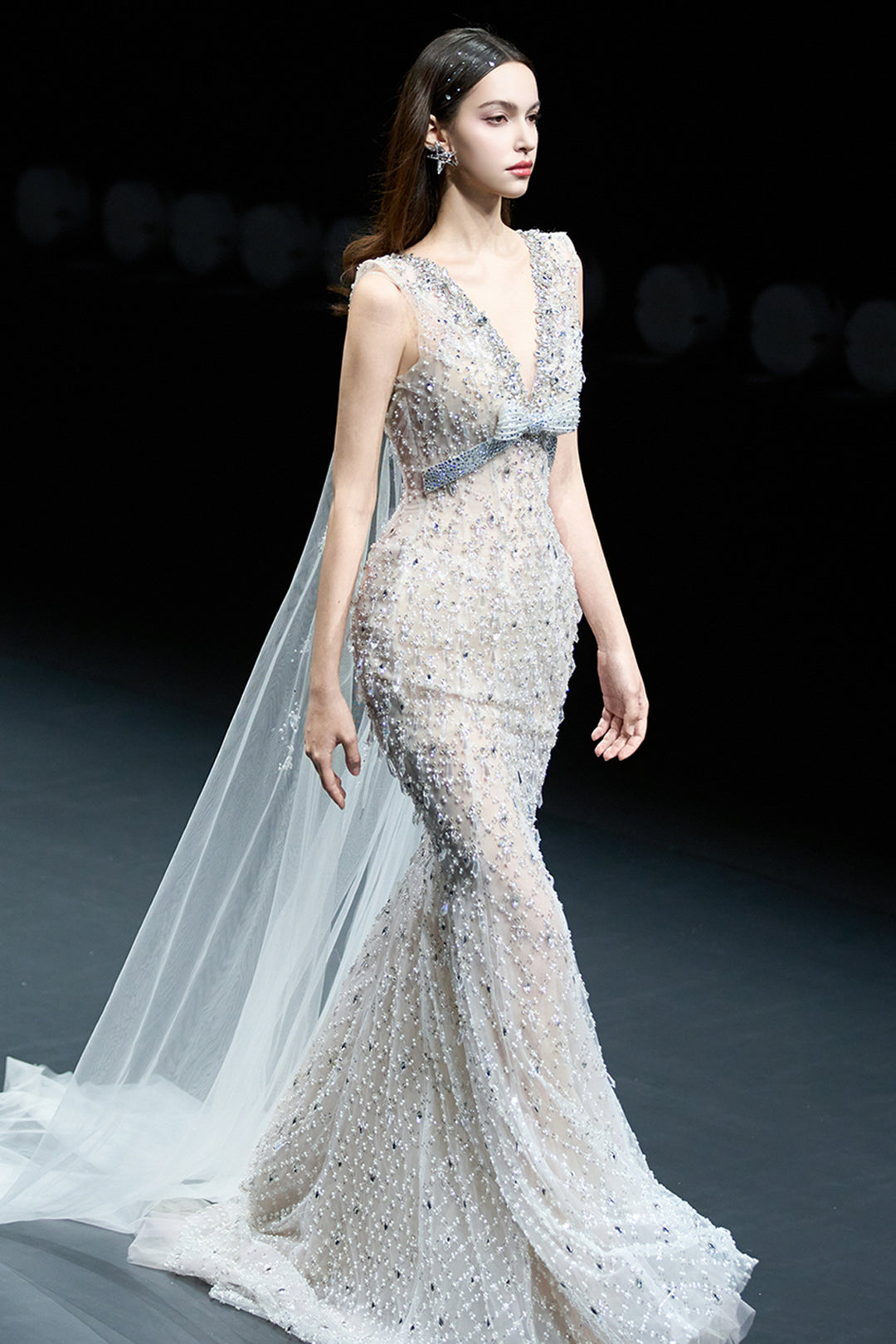 Plunging V-Neck Embellished Mermaid Dress