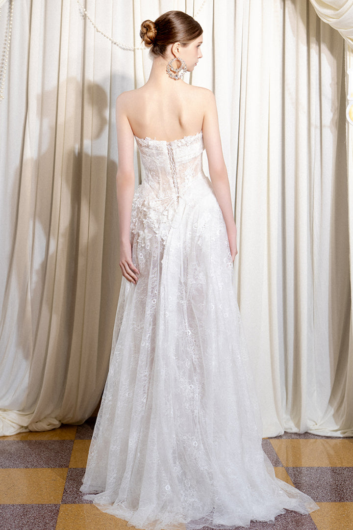 Strapless Corset A-Line Dress with Floral Lace