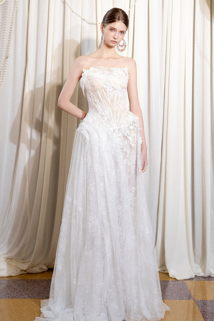 Strapless Corset A-Line Dress with Floral Lace