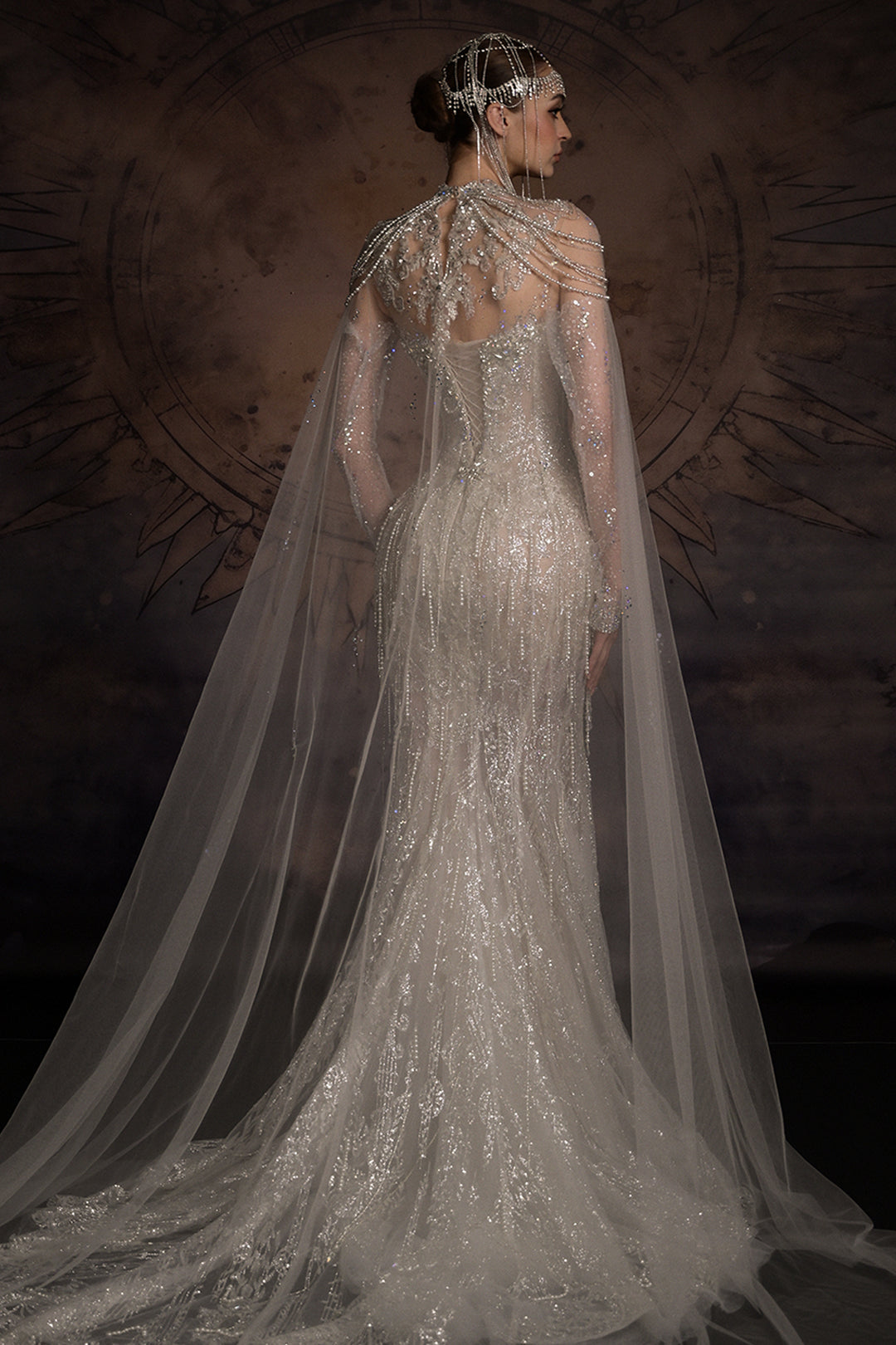 Chandelier Draped Mermaid Dress with Tulle Cape