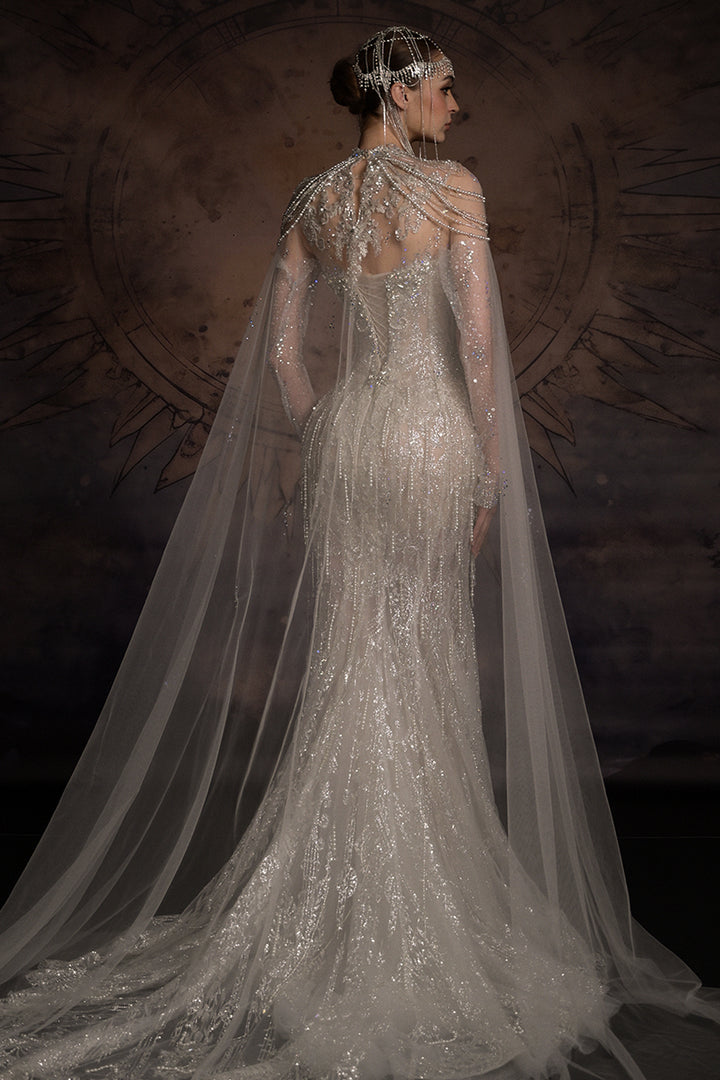 Chandelier Draped Mermaid Dress with Tulle Cape