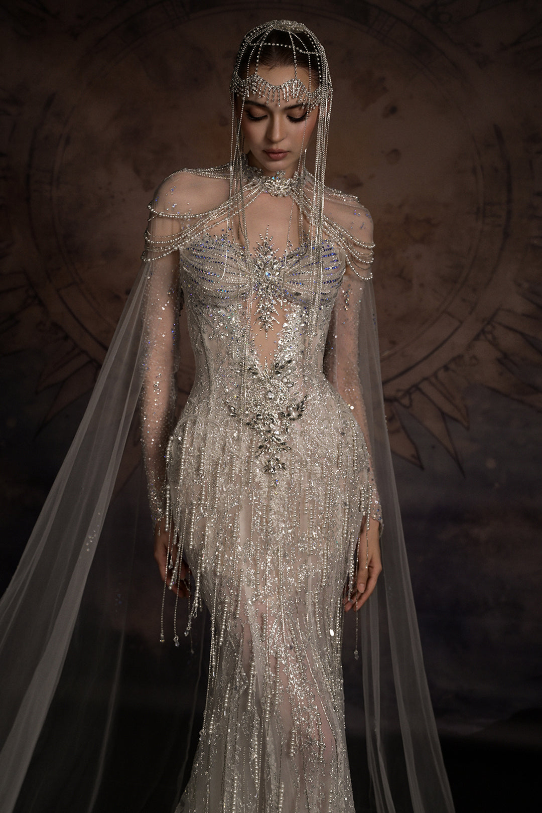 Chandelier Draped Mermaid Dress with Tulle Cape