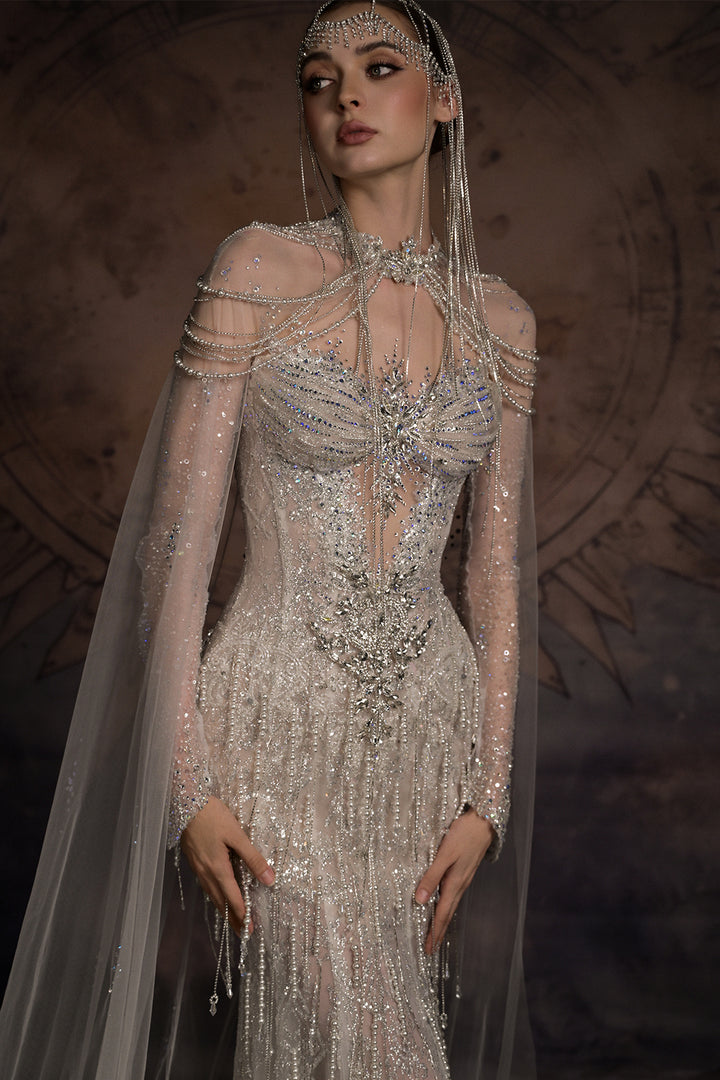 Chandelier Draped Mermaid Dress with Tulle Cape