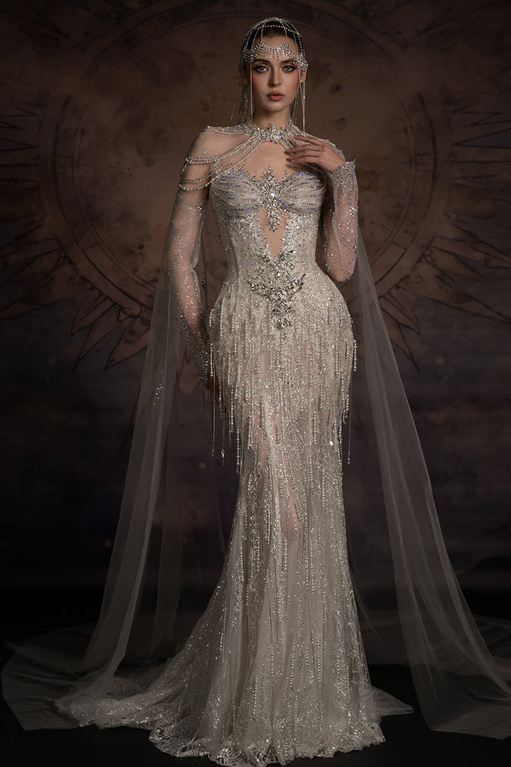 Chandelier Draped Mermaid Dress with Tulle Cape