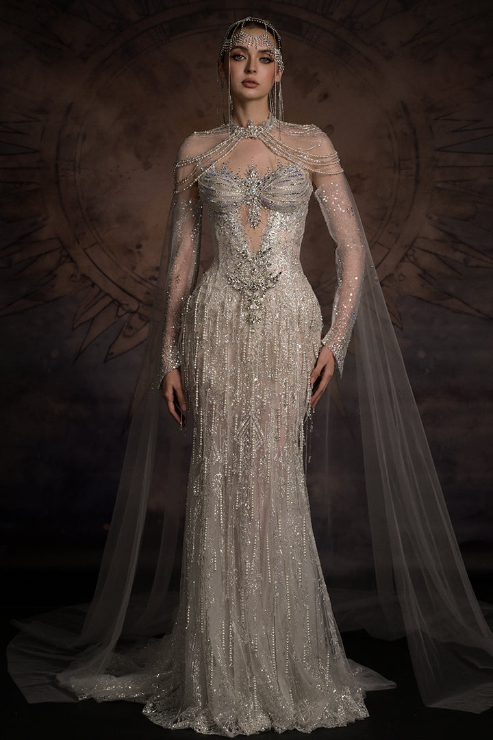 Chandelier Draped Mermaid Dress with Tulle Cape