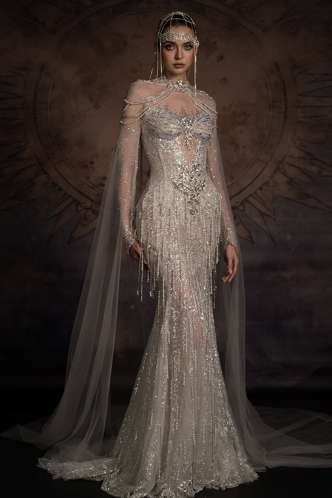 Chandelier Draped Mermaid Dress with Tulle Cape