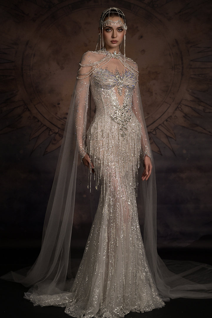 Chandelier Draped Mermaid Dress with Tulle Cape
