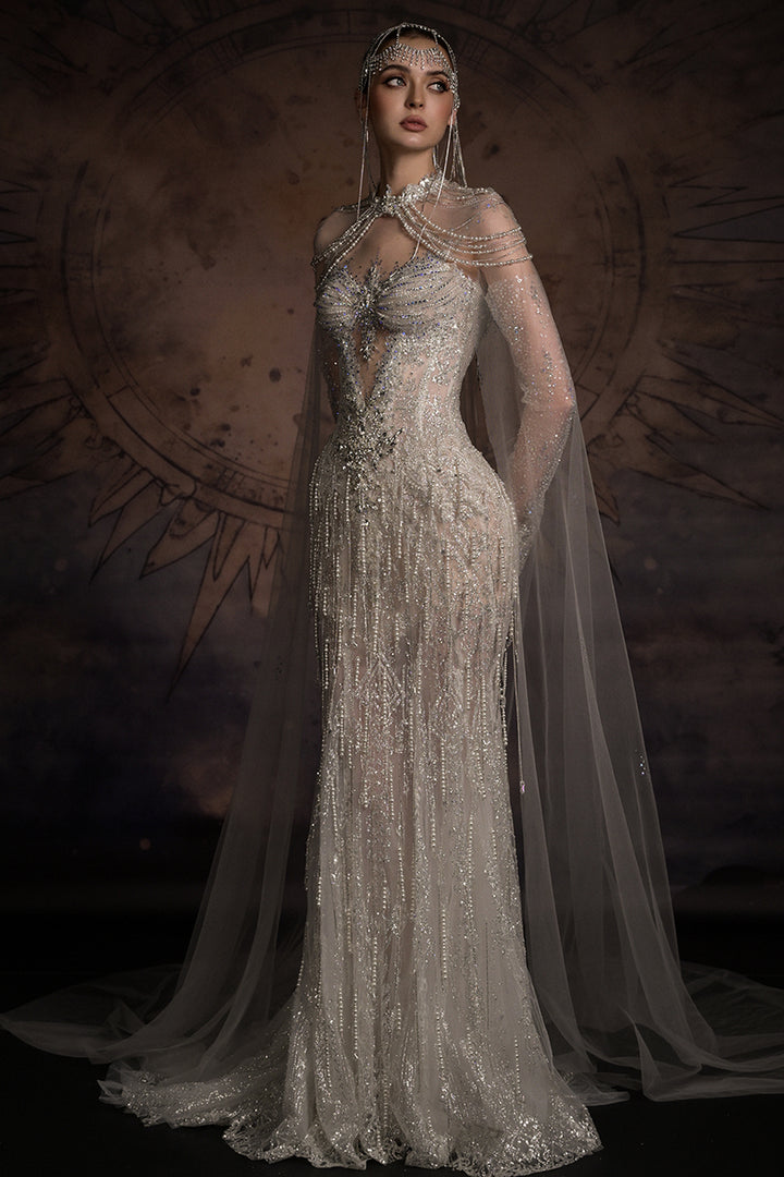 Chandelier Draped Mermaid Dress with Tulle Cape