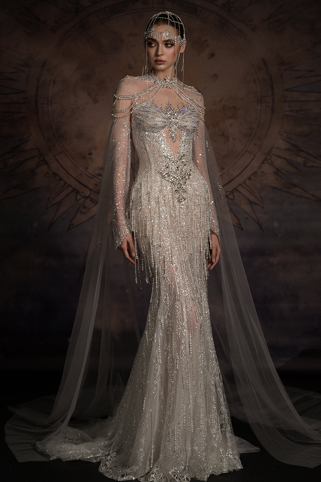 Chandelier Draped Mermaid Dress with Tulle Cape
