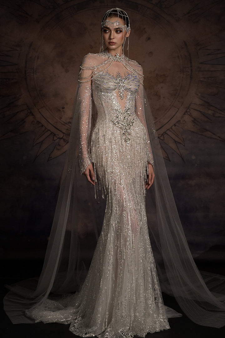 Chandelier Draped Mermaid Dress with Tulle Cape