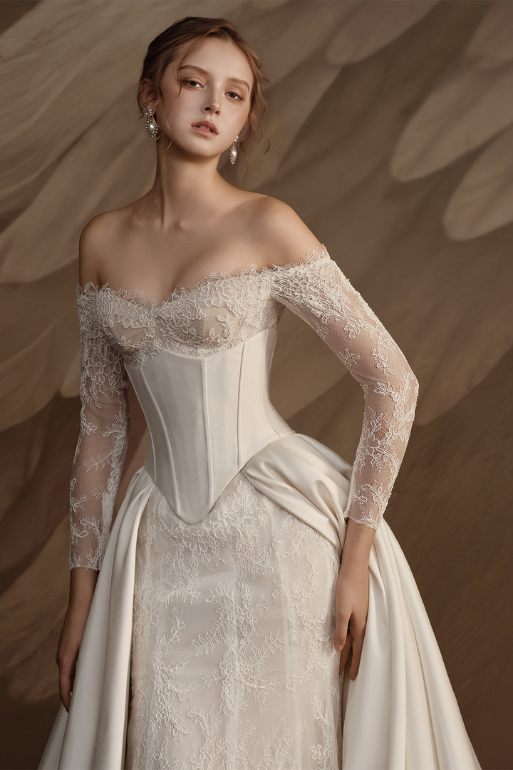 Column Dress with Off-The-Shoulder Lace and Pearl Embellishment