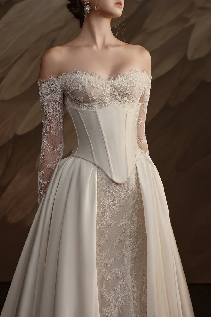 Column Dress with Off-The-Shoulder Lace and Pearl Embellishment