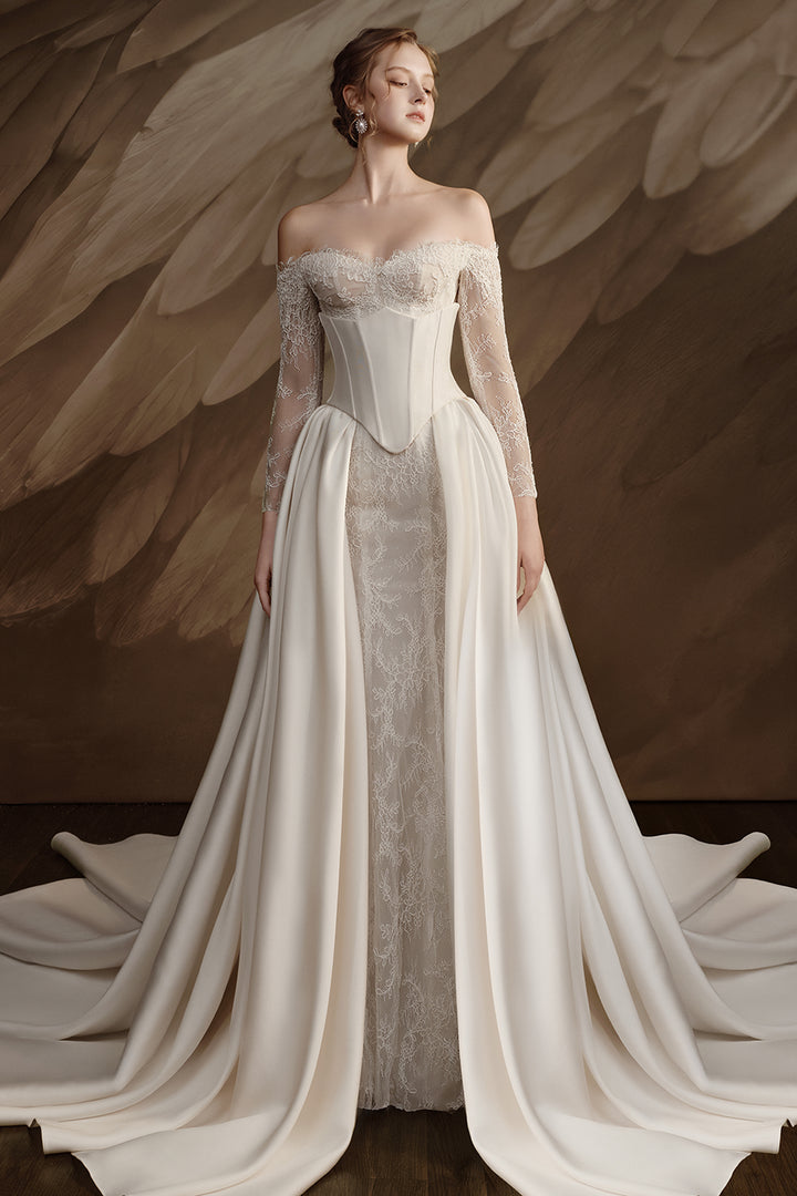 Column Dress with Off-The-Shoulder Lace and Pearl Embellishment