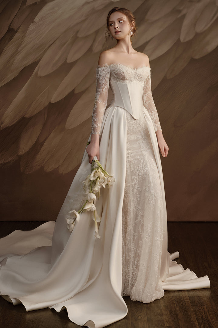 Column Dress with Off-The-Shoulder Lace and Pearl Embellishment