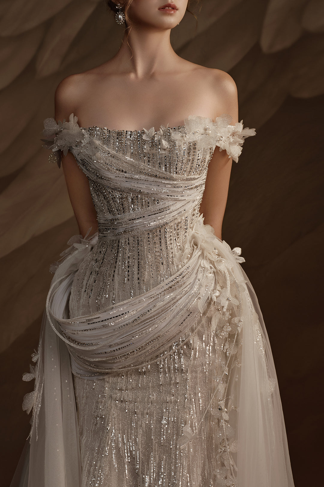 Off-The-Shoulder Satin Dress with Beaded Embellishment