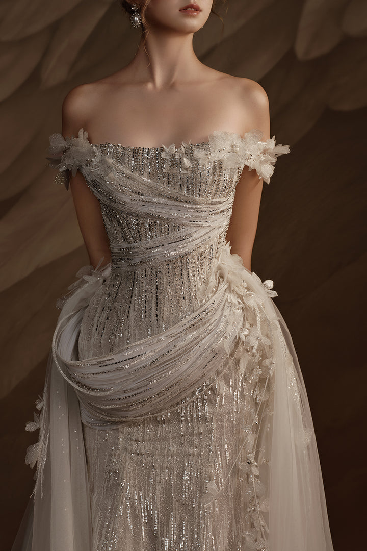 Off-The-Shoulder Satin Dress with Beaded Embellishment
