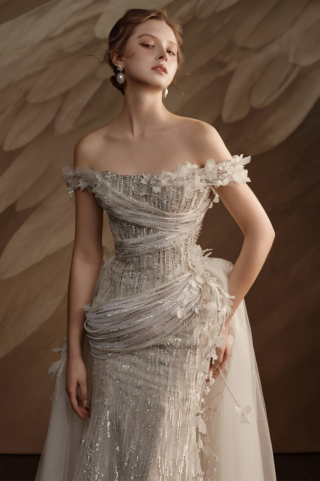 Off-The-Shoulder Satin Dress with Beaded Embellishment