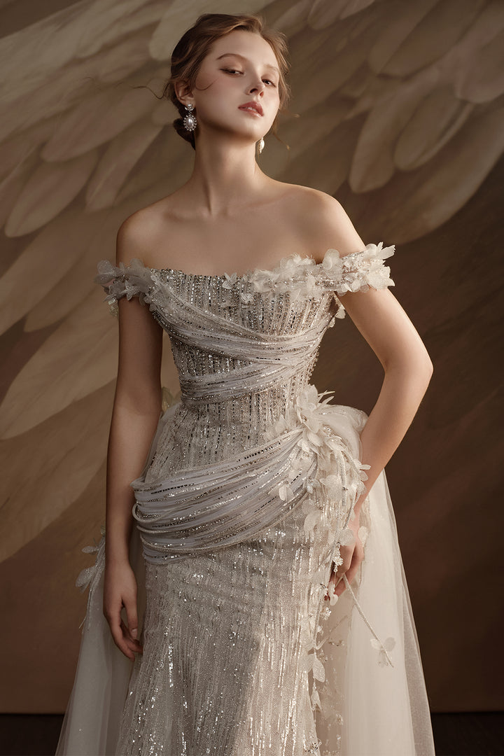 Off-The-Shoulder Satin Dress with Beaded Embellishment