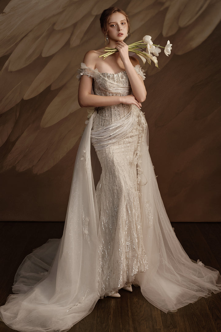 Off-The-Shoulder Satin Dress with Beaded Embellishment