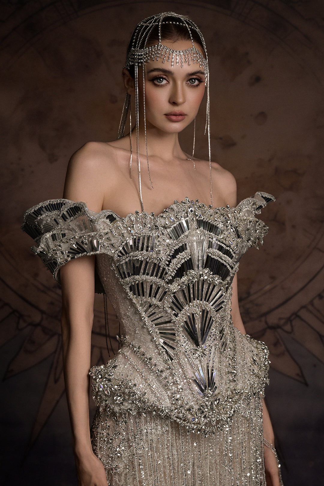 Off-The-Shoulder Corset Column Dress with Beaded Fringe