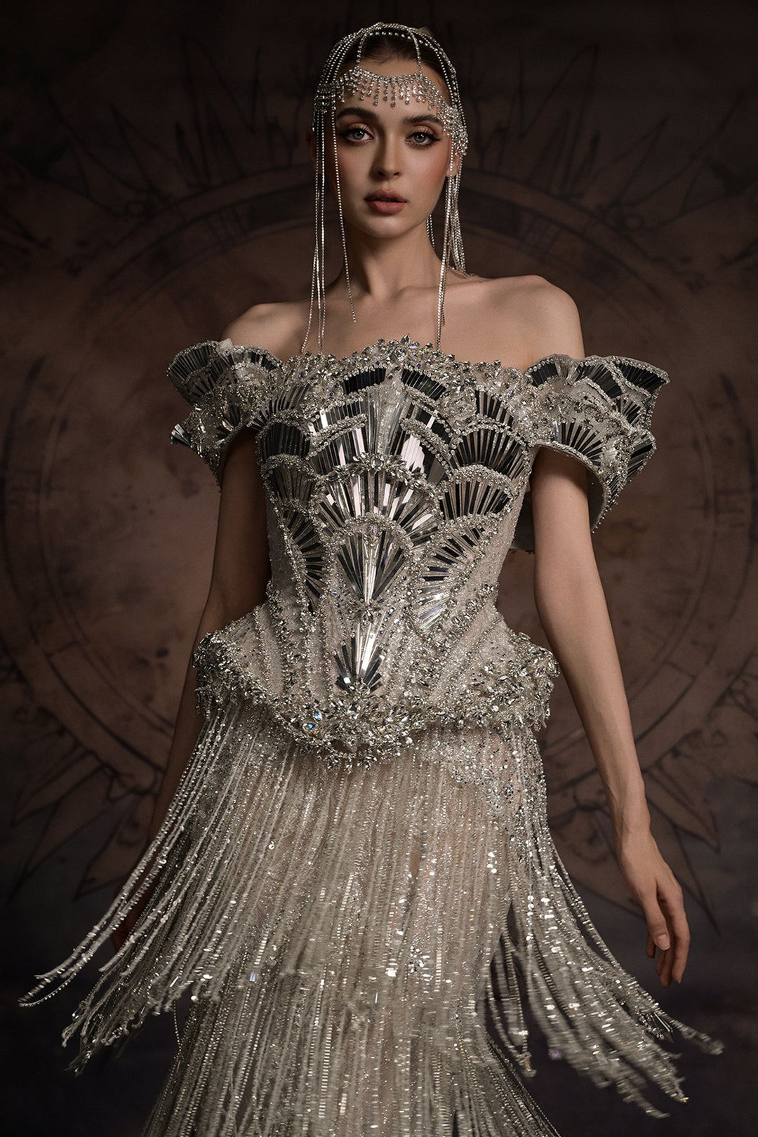 Off-The-Shoulder Corset Column Dress with Beaded Fringe