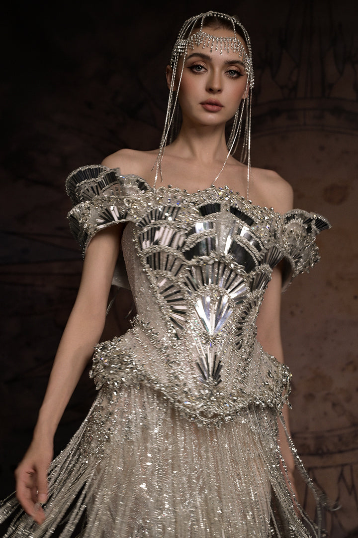 Off-The-Shoulder Corset Column Dress with Beaded Fringe