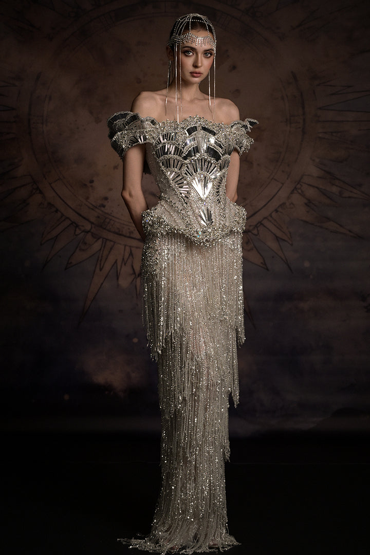 Off-The-Shoulder Corset Column Dress with Beaded Fringe