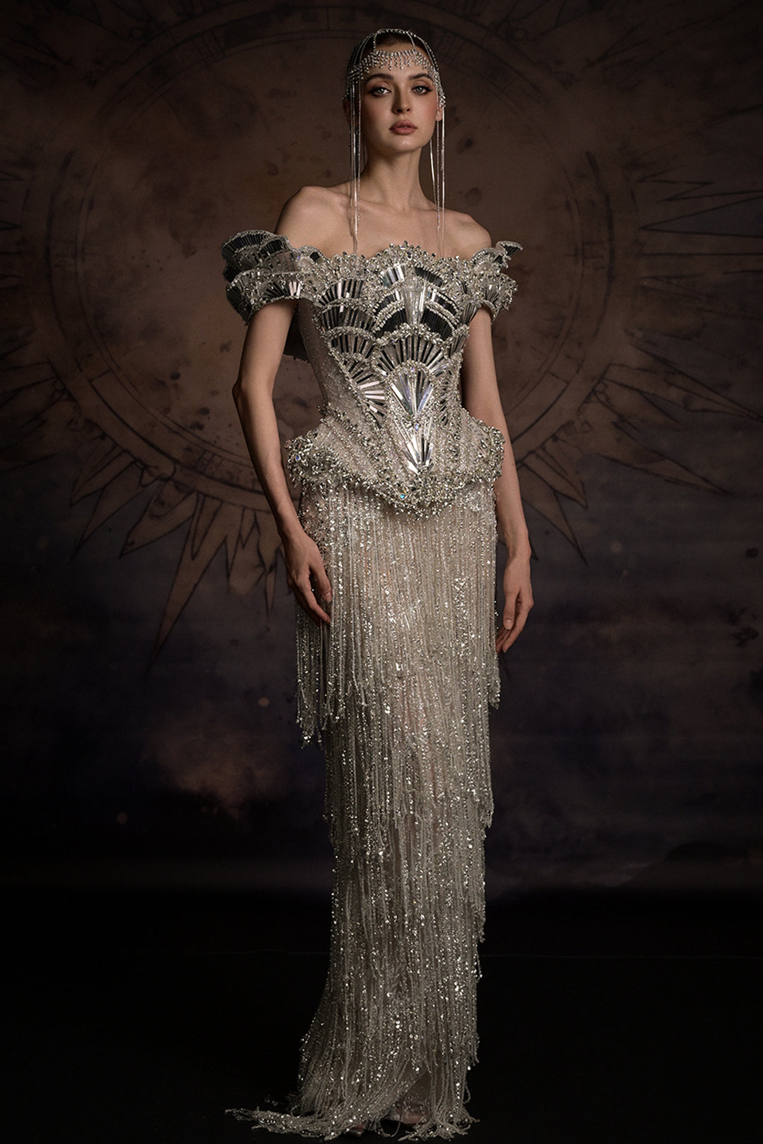 Off-The-Shoulder Corset Column Dress with Beaded Fringe