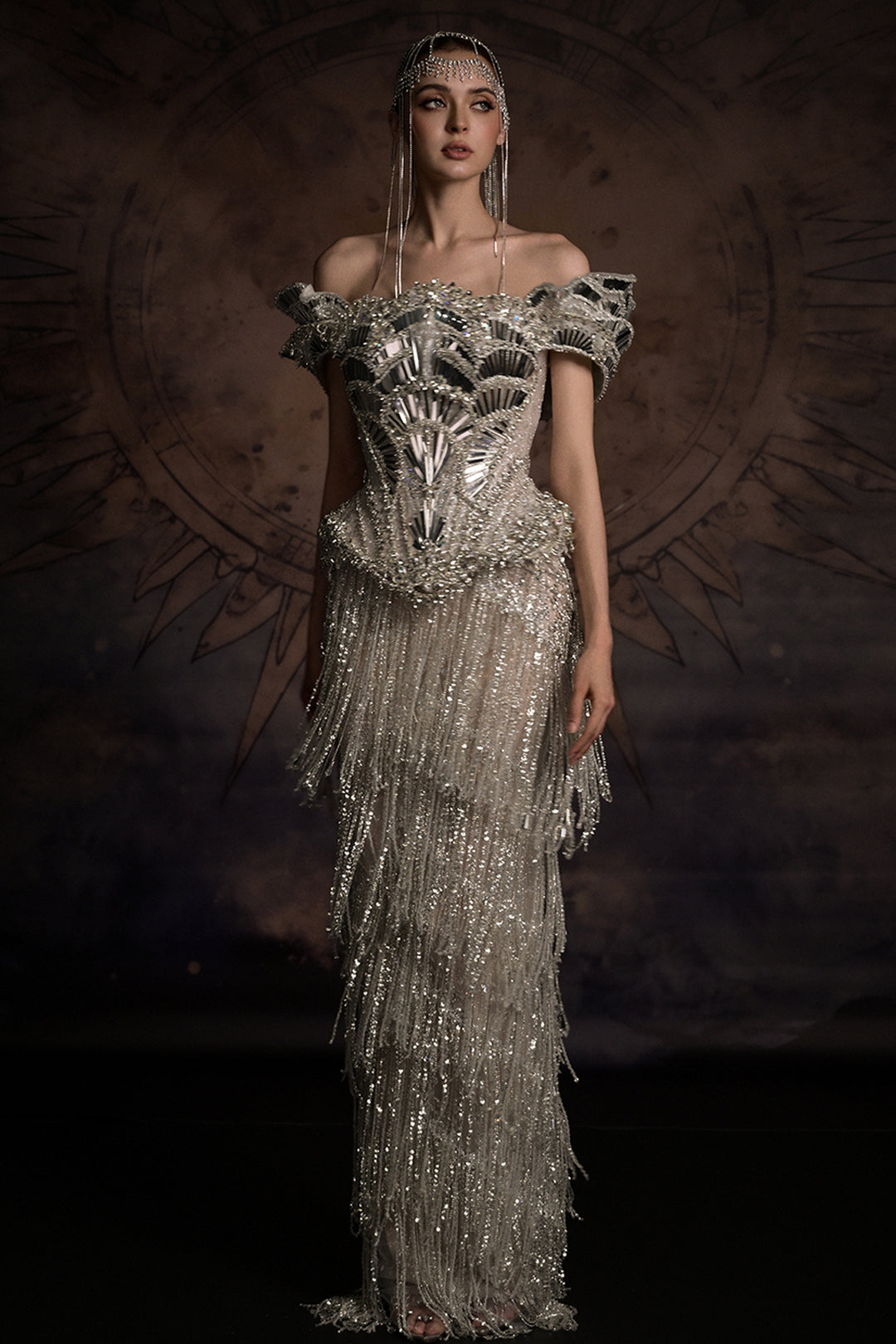 Off-The-Shoulder Corset Column Dress with Beaded Fringe
