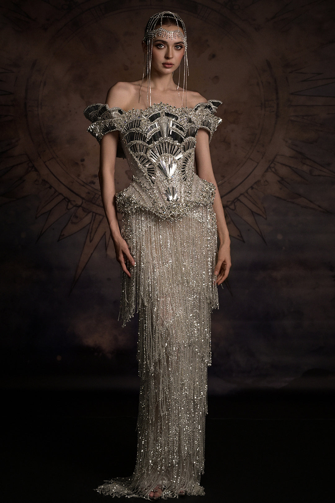 Off-The-Shoulder Corset Column Dress with Beaded Fringe