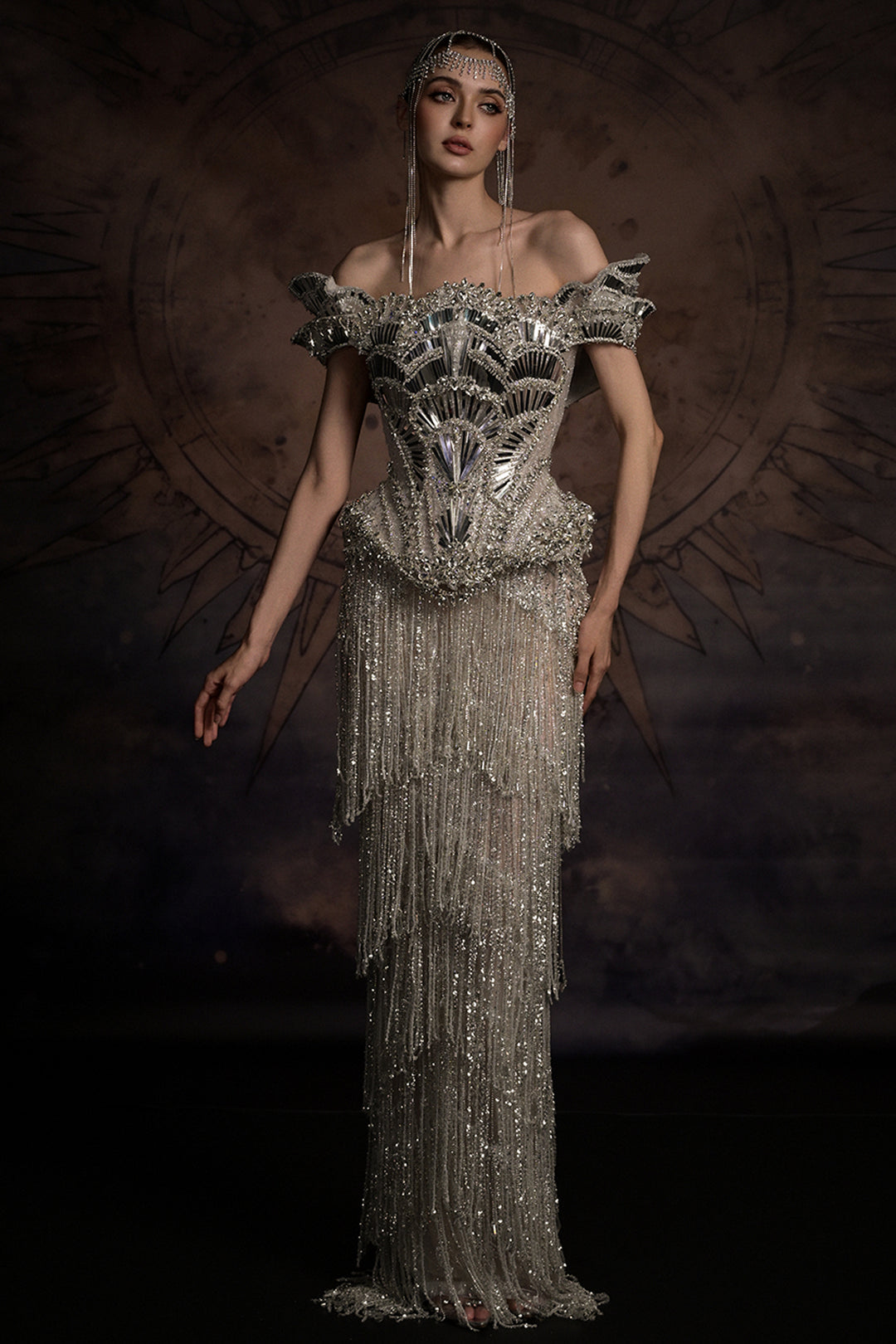 Off-The-Shoulder Corset Column Dress with Beaded Fringe Silver / FR 44