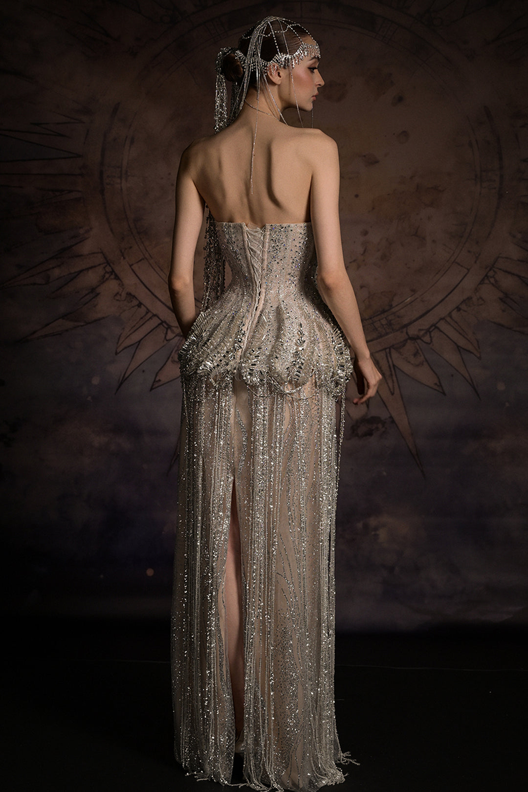 Sculptural Corset Column Dress with Beaded Fringe