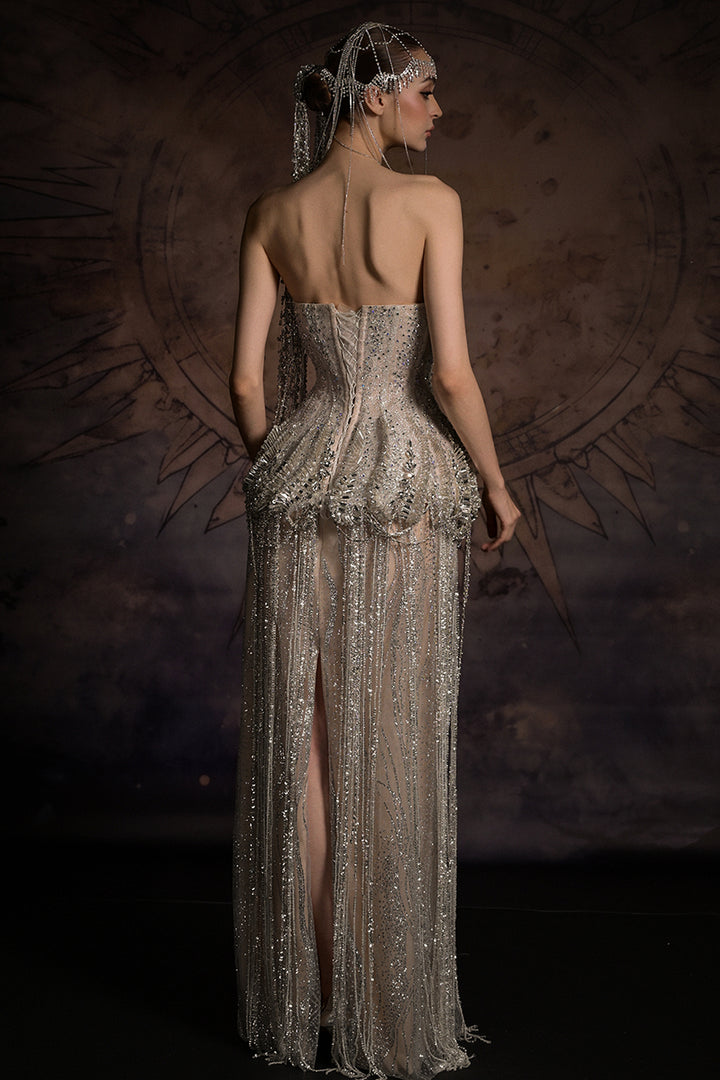 Sculptural Corset Column Dress with Beaded Fringe