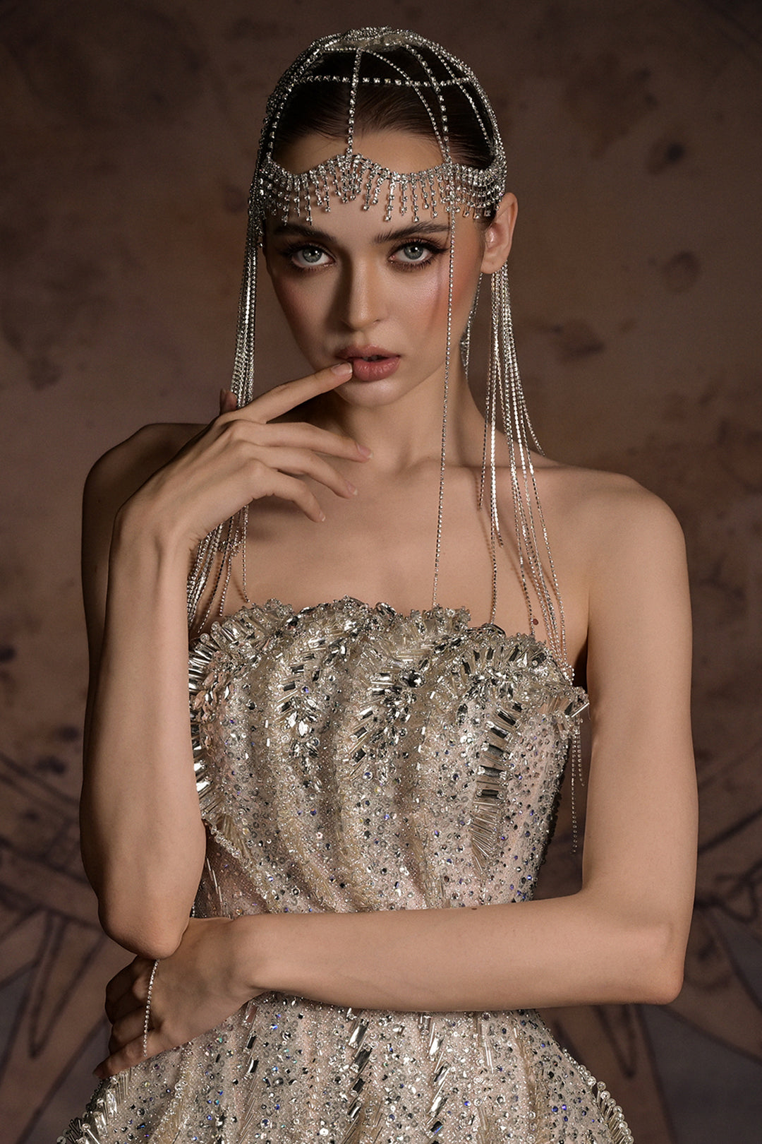 Sculptural Corset Column Dress with Beaded Fringe