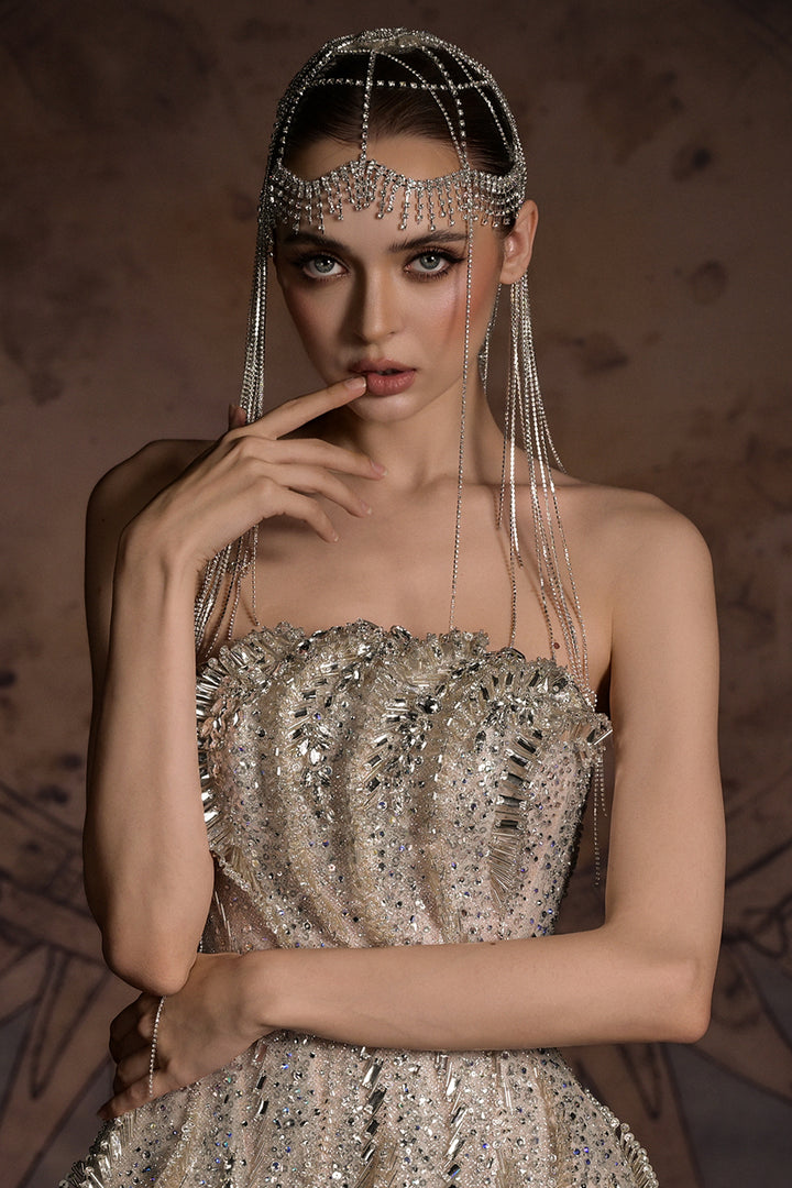 Sculptural Corset Column Dress with Beaded Fringe