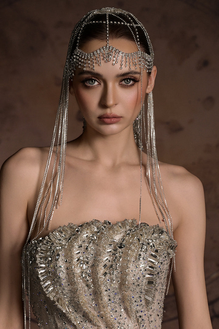 Sculptural Corset Column Dress with Beaded Fringe