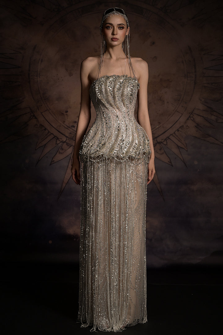 Sculptural Corset Column Dress with Beaded Fringe