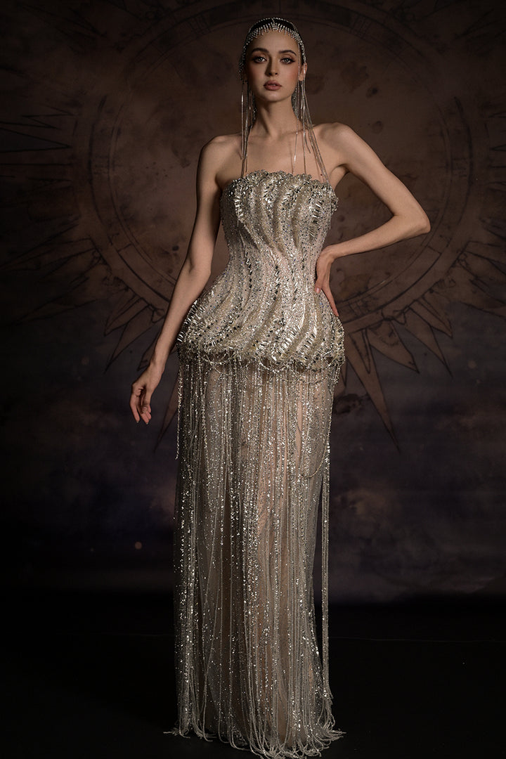 Sculptural Corset Column Dress with Beaded Fringe