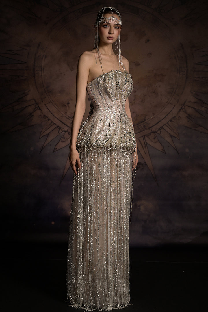Sculptural Corset Column Dress with Beaded Fringe