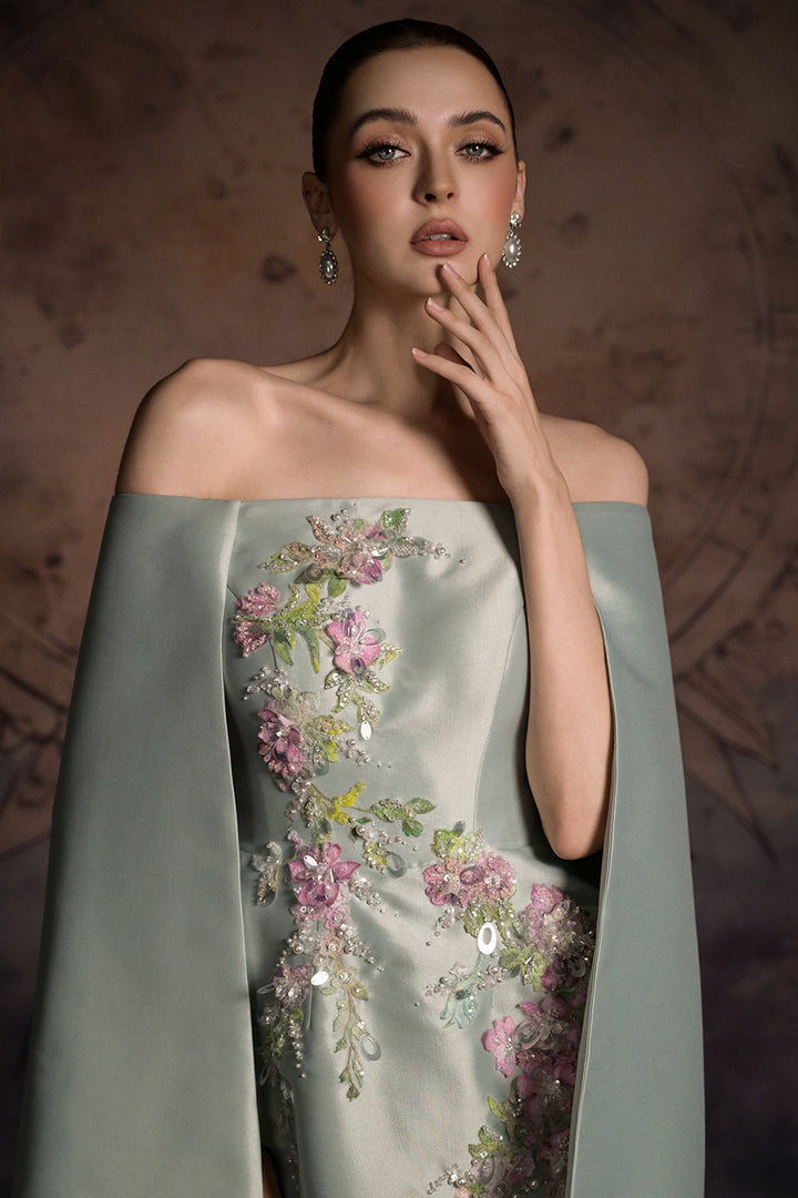 Off-The-Shoulder Cape Column Dress with Floral Appliqués