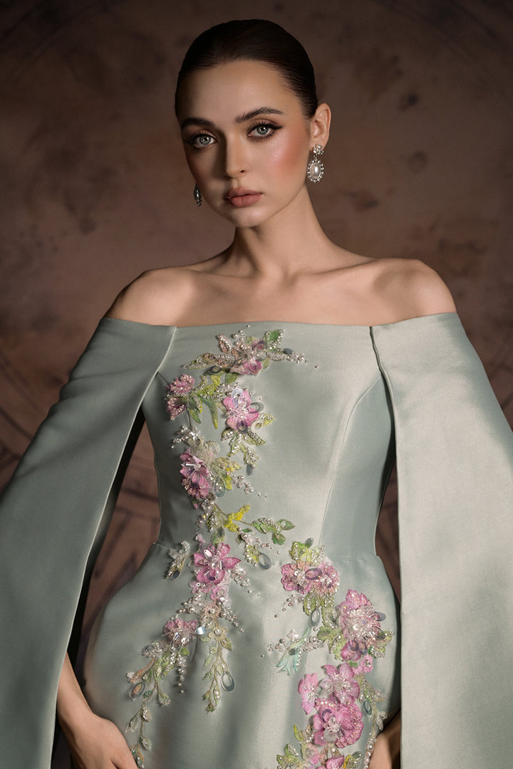 Off-The-Shoulder Cape Column Dress with Floral Appliqués