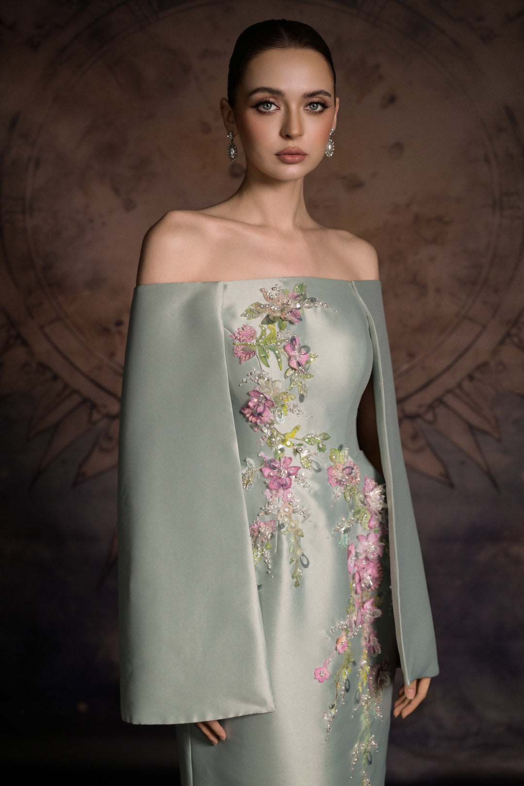 Off-The-Shoulder Cape Column Dress with Floral Appliqués