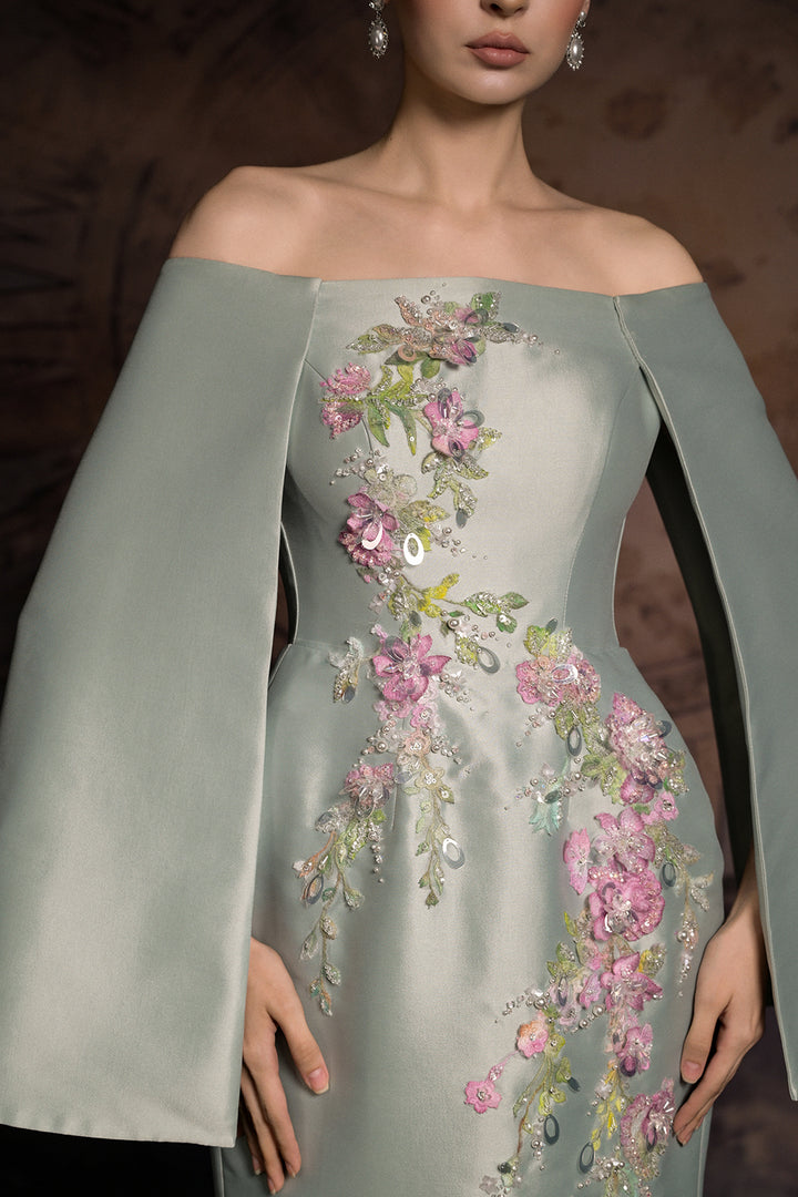 Off-The-Shoulder Cape Column Dress with Floral Appliqués