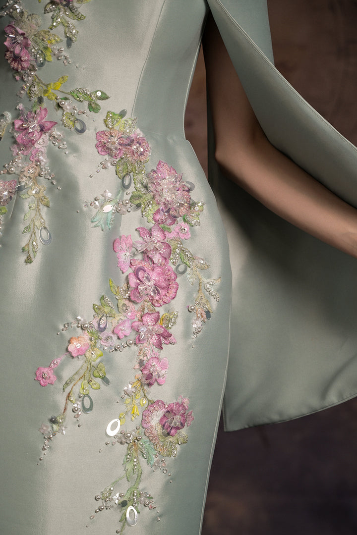 Off-The-Shoulder Cape Column Dress with Floral Appliqués