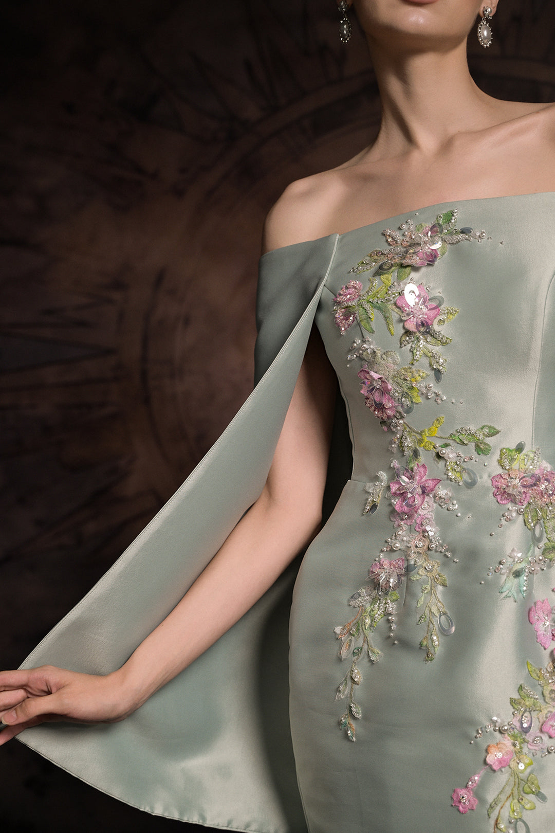 Off-The-Shoulder Cape Column Dress with Floral Appliqués